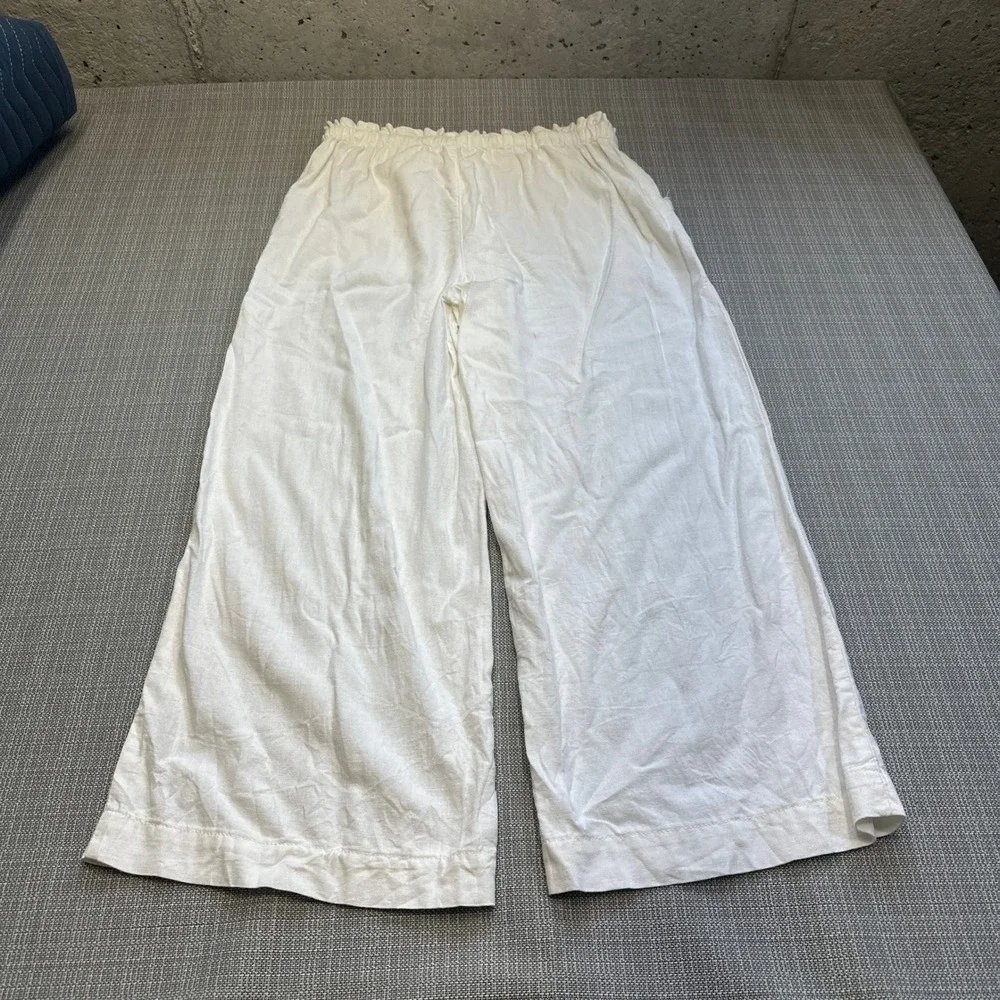 Coastal Linen Blend Wide Leg Pants‎ White Pockets Drawstring Medium *